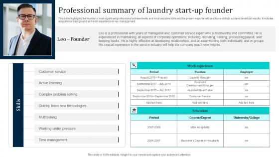 Professional Summary Of Laundry Start Up Founder Laundromat Business Plan Go To Market Information Pdf