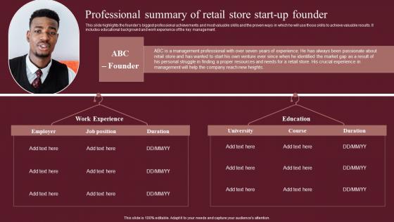 Professional Summary Of Retail Store Start Up Founder Fashion Business Plan Clipart Pdf