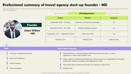 Professional Summary Of Travel Agency Start Up Founder Md Vacation Planning Business Formats Pdf Professional Summary Of Travel Agency Start Up Founder Md Vacation Planning Business Formats Pdf