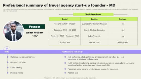 Professional Summary Of Travel Agency Start Up Founder Md Vacation Planning Business Formats Pdf