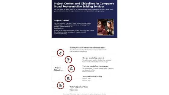 Project Context And Objectives For Companys Brand Representative One Pager Sample Example Document