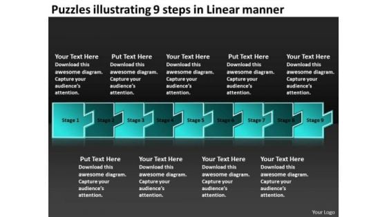 Puzzles Illustrating 9 Steps Linear Manner Flow Chart Slides PowerPoint Templates