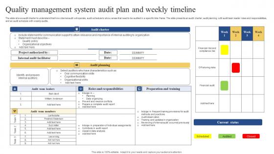 Quality Management System Audit Plan And Weekly Timeline Brochure Pdf