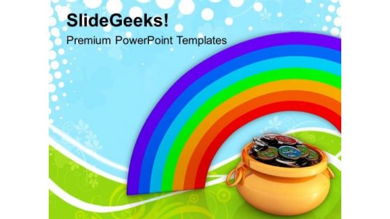 Rainbow And Poit Full Of Coins Wealth PowerPoint Templates Ppt Backgrounds For Slides 0313