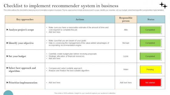 Recommender System Implementation Checklist To Implement Recommender Elements Pdf