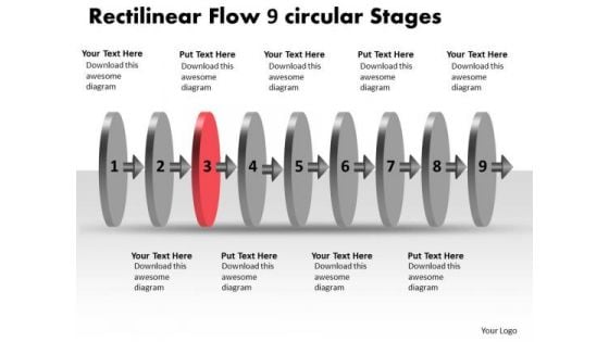 Rectilinear Flow 9 Circular Stages Draw Charts PowerPoint Templates