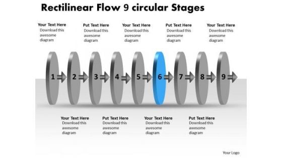 Rectilinear Flow 9 Circular Stages Flowchart PowerPoint Templates