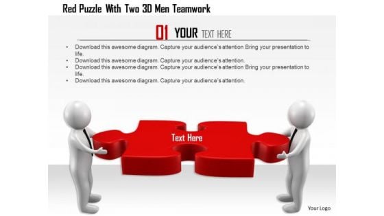 Red Puzzle With Two 3d Men Teamwork Red Puzzle With Two 3d Men Teamwork