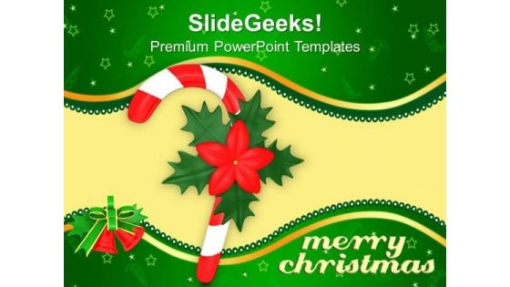 Red Single Candy Cane With Red Flower Christmas PowerPoint Templates Ppt Backgrounds For Slides 1212