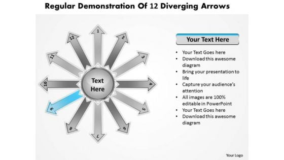 Regular Demonstration Of 12 Diverging Arrows Circular Spoke Network PowerPoint Templates