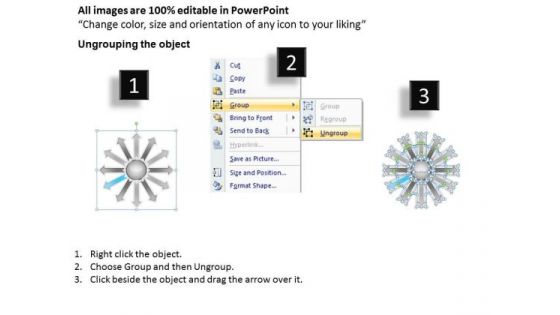 Regular Demonstration Of 12 Diverging Arrows Circular Spoke Network PowerPoint Templates