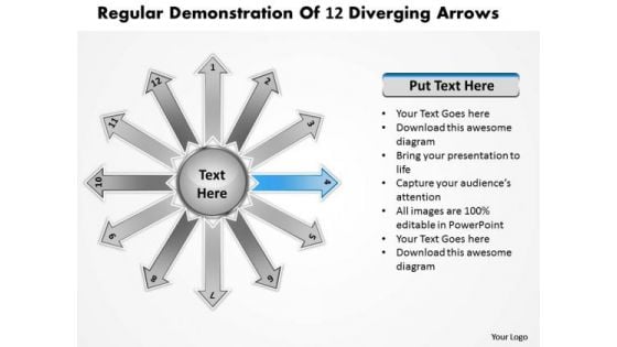 Regular Demonstration Of 12 Diverging Arrows Cycle Layout Process PowerPoint Templates