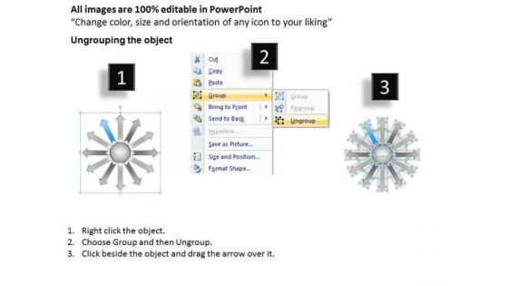 Regular Demonstration Of 12 Diverging Arrows Target Chart PowerPoint Templates