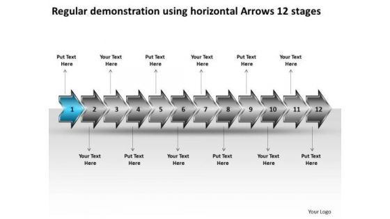 Regular Demonstration Using Horizontal Arrows 12 Stages Make Flow Chart PowerPoint Slides