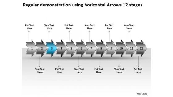 Regular Demonstration Using Horizontal Arrows 12 Stages Technical Drawing PowerPoint Slides