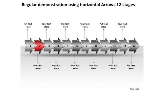 Regular Demonstration Using Horizontal Arrows 12 Stages Visio Flow Charts PowerPoint Slides