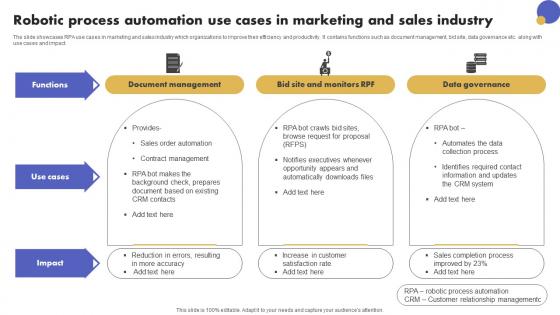 Robotic Process Automation Use Cases In Marketing And Sales Industry Inspiration Pdf