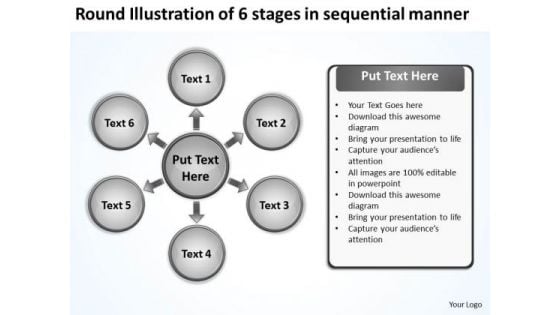 Round Illustration Of 6 Stages In Sequential Manner Cycle Arrow Process PowerPoint Slides