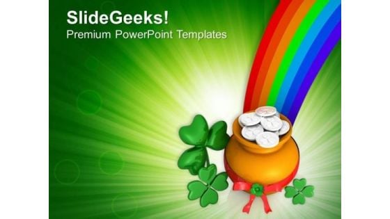 Round Pot Clover Leaf And Coins With Rainbow PowerPoint Templates Ppt Backgrounds For Slides 0313 Round Pot Clover Leaf And Coins With Rainbow PowerPoint Templates Ppt Backgrounds For Slides 0313