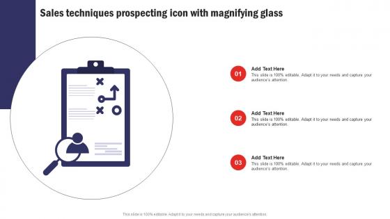 Sales Techniques Prospecting Icon With Magnifying Glass Template Pdf