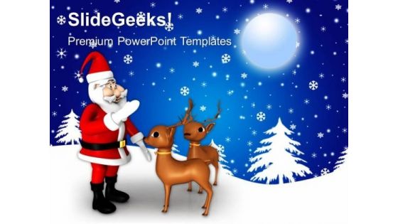 Santa With 2 Reindeer Snowfall PowerPoint Templates Ppt Backgrounds For Slides 1212