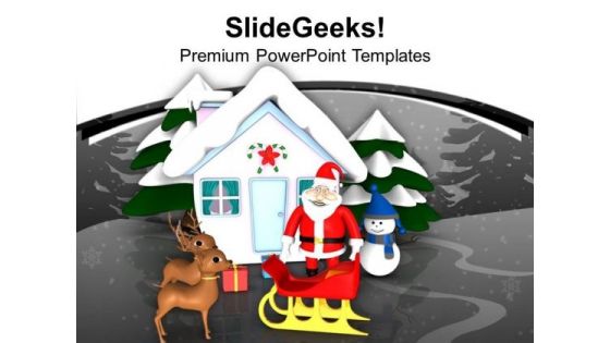 Santa With Reindeer Snowman Hut Work PowerPoint Templates Ppt Backgrounds For Slides 0113