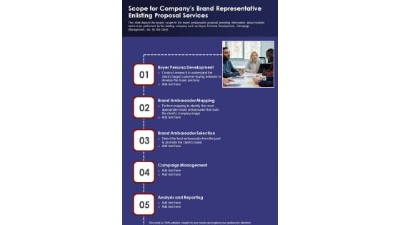 Scope For Companys Brand Representative Enlisting Proposal Services One Pager Sample Example Document