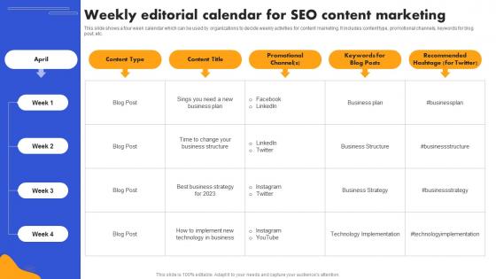 SEO Strategy To Improve ROI Weekly Editorial Calendar For SEO Content Strategy SS V