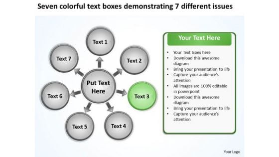 Seven Colorful Text Boxes Demonstrating 7 Different Issues Chart Gear Network PowerPoint Slides