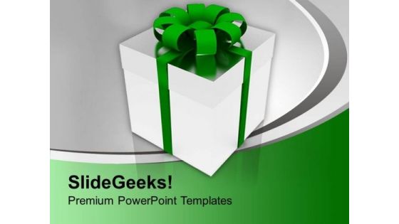 Silver Gift Box With Green Ribbon Holiday PowerPoint Templates Ppt Backgrounds For Slides 0113