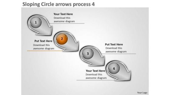 Sloping Circle Arrows Process 4 Business System Flow Charts PowerPoint Slides