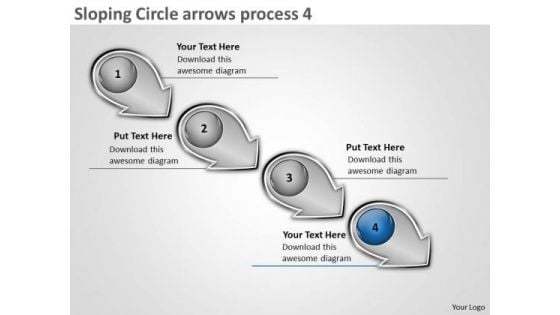 Sloping Circle Arrows Process 4 Create Flow Charts PowerPoint Slides