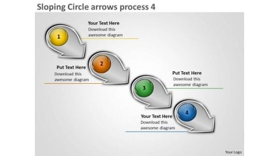 Sloping Circle Arrows Process 4 Production Flow Charts PowerPoint Templates