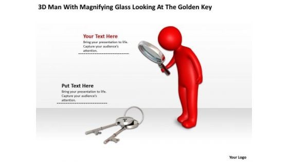 Small Business Network Diagram With Magnifying Glass Looking At The Golden Key PowerPoint Slides