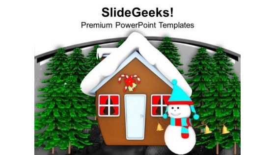 Snow Man Hut Standing With Christmas Tree PowerPoint Templates Ppt Backgrounds For Slides 1212