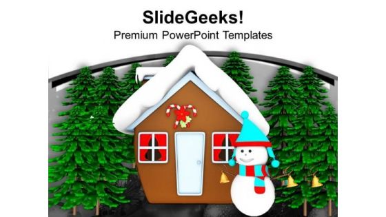 Snow Man Hut Standing With Christmas Tree PowerPoint Templates Ppt Backgrounds For Slides 1212