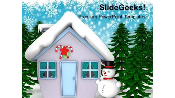 Snow Man Hut With Trees Christmas Eve PowerPoint Templates Ppt Backgrounds For Slides 1212