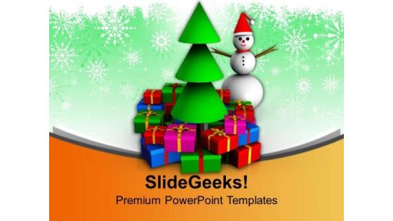 Snow Man With Gifts And Christmas Tree PowerPoint Templates Ppt Backgrounds For Slides 1212