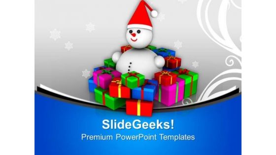 Snowman Sitting Between Gifts Christmas Eve PowerPoint Templates Ppt Backgrounds For Slides 0113