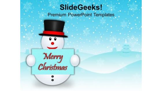 Snowman With Banner Wishing Christmas PowerPoint Templates Ppt Backgrounds For Slides 1212