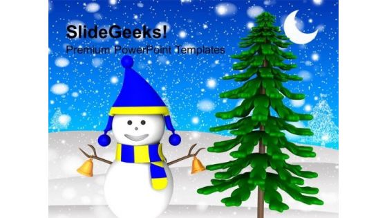 Snowman With Bells In Snowfall PowerPoint Templates Ppt Backgrounds For Slides 1212