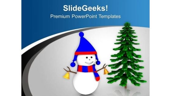 Snowman With Bells Wishing Merry Christmas PowerPoint Templates Ppt Backgrounds For Slides 0413