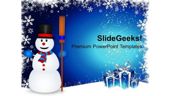 Snowman With Broom On Christmas PowerPoint Templates Ppt Backgrounds For Slides 1112