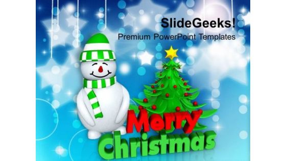 Snowman With Green Christmas Tree PowerPoint Templates Ppt Backgrounds For Slides 1212
