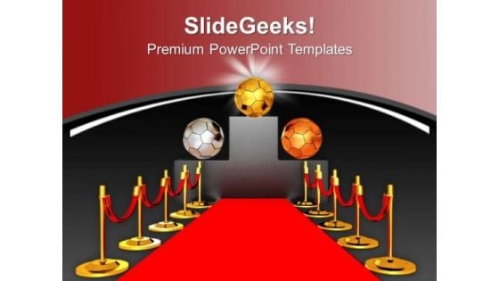 Soccer Balls On Podium And Red Carpet PowerPoint Templates Ppt Backgrounds For Slides 0713