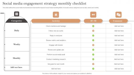 Social Media Engagement Strategy Monthly Checklist Ppt Styles Vector Pdf