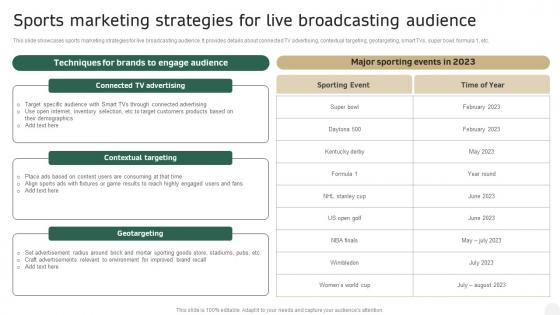 Sports Marketing Strategies For Live Broadcasting Audience In Depth Campaigning Guide Icons PDF