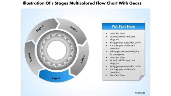Stages Multicolored Flow Chart With Gears Sample Business Plan Outline PowerPoint Templates