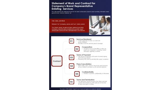 Statement Of Work And Contract For Companys Brand Representative One Pager Sample Example Document Statement Of Work And Contract For Companys Brand Representative One Pager Sample Example Document