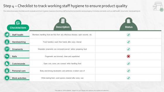 Step 4 Checklist To Track Working Staff Hygiene To Ensure Product Quality Step 4 Checklist To Track Working Staff Hygiene To Ensure Product Quality